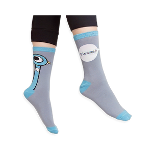 Close up of the sock ends showing the bright blue ribbed cuff, matching blue toe seam, heel block, and gray fabric.