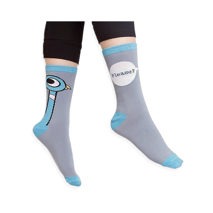 Close up of the sock ends showing the bright blue ribbed cuff, matching blue toe seam, heel block, and gray fabric.