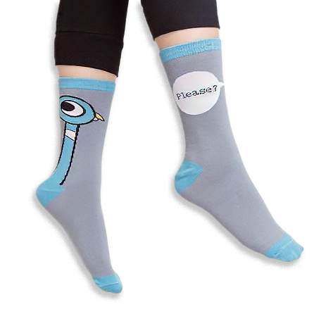 Close up of the sock ends showing the bright blue ribbed cuff, matching blue toe seam, heel block, and gray fabric.