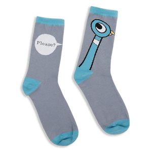 Mismatched gray socks with blue cuffs, heels, toes, and accents. One shows the Pigeon, the other has a Please? speech bubble