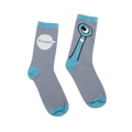 Mismatched gray socks with blue cuffs, heels, toes, and accents. One shows the Pigeon, the other has a Please? speech bubble
