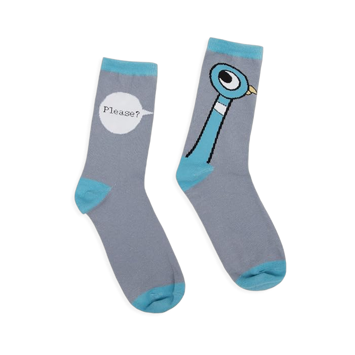 Mismatched gray socks with blue cuffs, heels, toes, and accents. One shows the Pigeon, the other has a Please? speech bubble