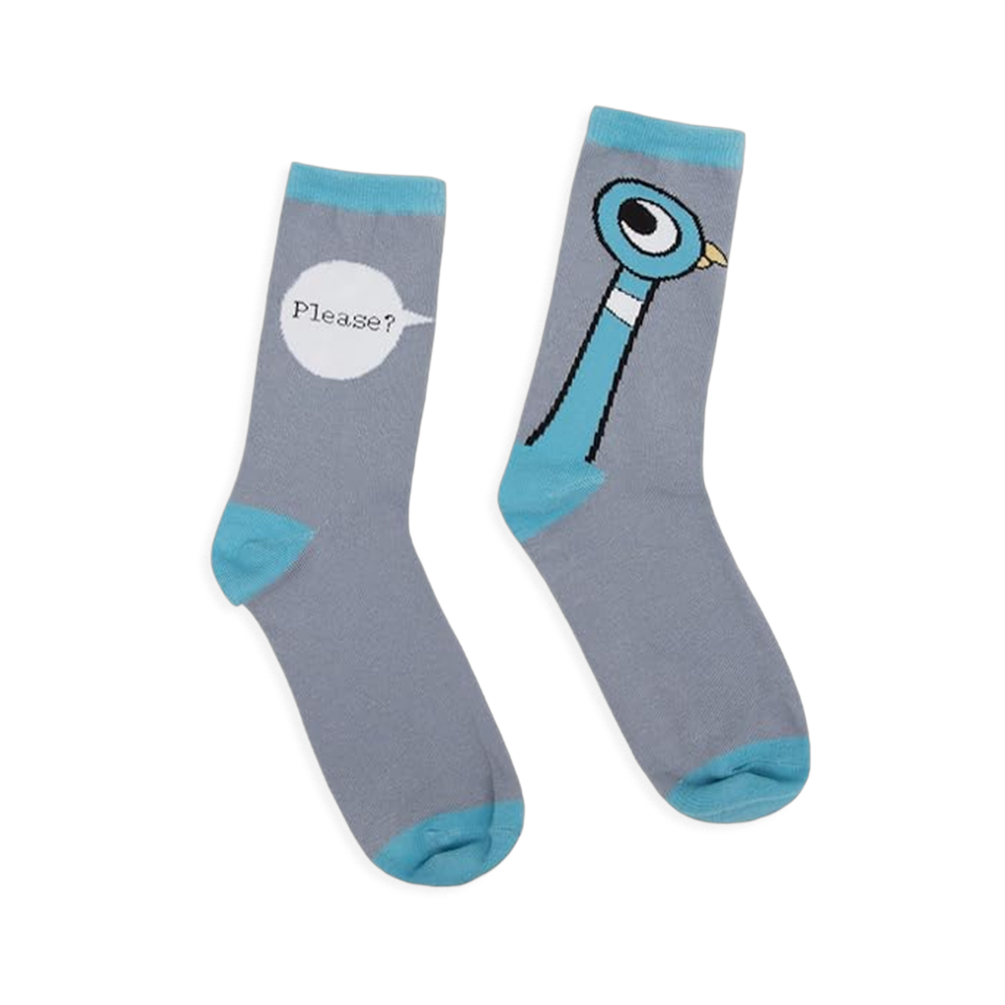 Mismatched gray socks with blue cuffs, heels, toes, and accents. One shows the Pigeon, the other has a Please? speech bubble