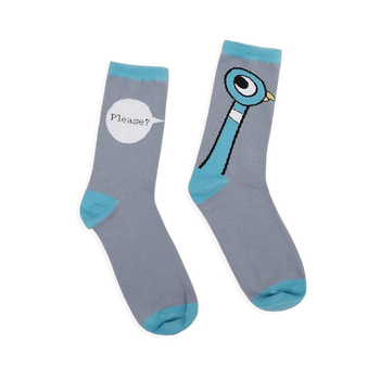 Mismatched gray socks with blue cuffs, heels, toes, and accents. One shows the Pigeon, the other has a Please? speech bubble