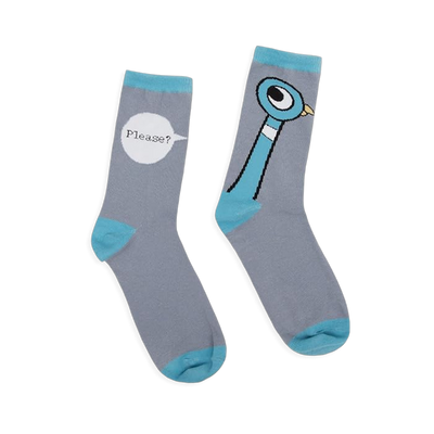 Mismatched gray socks with blue cuffs, heels, toes, and accents. One shows the Pigeon, the other has a Please? speech bubble