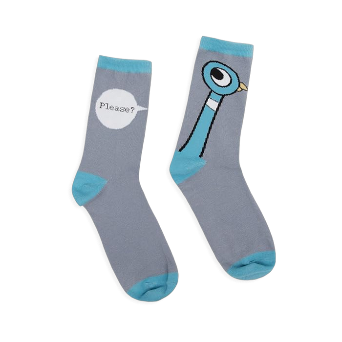 Mismatched gray socks with blue cuffs, heels, toes, and accents. One shows the Pigeon, the other has a Please? speech bubble