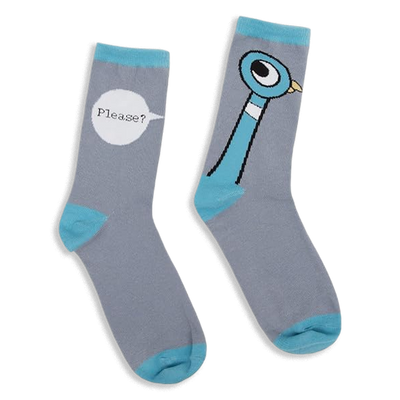 Mismatched gray socks with blue cuffs, heels, toes, and accents. One shows the Pigeon, the other has a Please? speech bubble