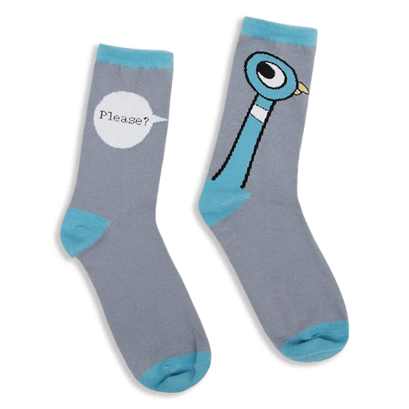 Mismatched gray socks with blue cuffs, heels, toes, and accents. One shows the Pigeon, the other has a Please? speech bubble