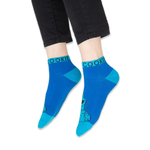 Detail view of the green Oscar the Grouch sock showing the character wearing a book as a hat.