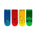 Four bright Sesame Street ankle socks in blue, red, yellow, and green showing characters reading books in black line art.