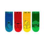 Four bright Sesame Street ankle socks in blue, red, yellow, and green showing characters reading books in black line art.