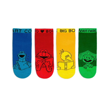 Four bright Sesame Street ankle socks in blue, red, yellow, and green showing characters reading books in black line art.