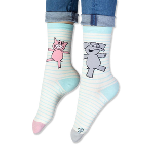 Close-up of the smiling grey elephant graphic wearing glasses, printed on light blue and white striped sock fabric.