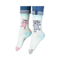Close-up of the smiling grey elephant graphic wearing glasses, printed on light blue and white striped sock fabric.