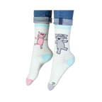 Close-up of the smiling grey elephant graphic wearing glasses, printed on light blue and white striped sock fabric.