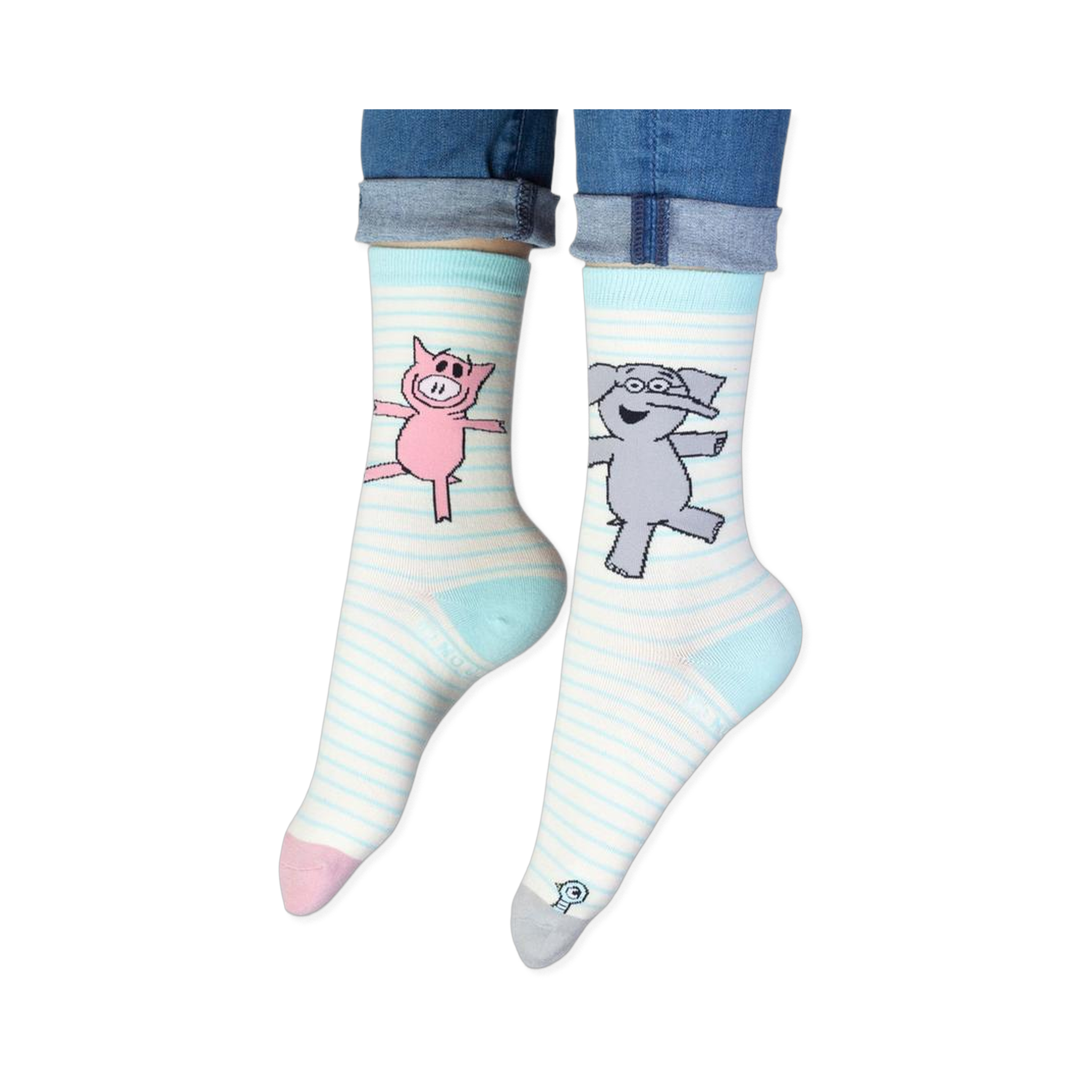 Close-up of the smiling grey elephant graphic wearing glasses, printed on light blue and white striped sock fabric.
