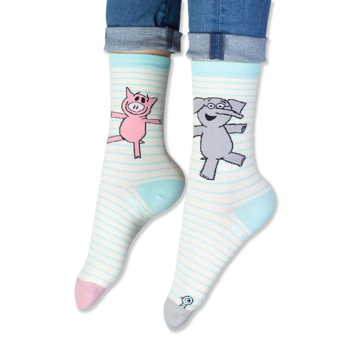 Close-up of the smiling grey elephant graphic wearing glasses, printed on light blue and white striped sock fabric.