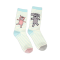 Mismatched striped crew socks. One features a pink Piggie with a pink toe, the other a grey Elephant with a grey toe.