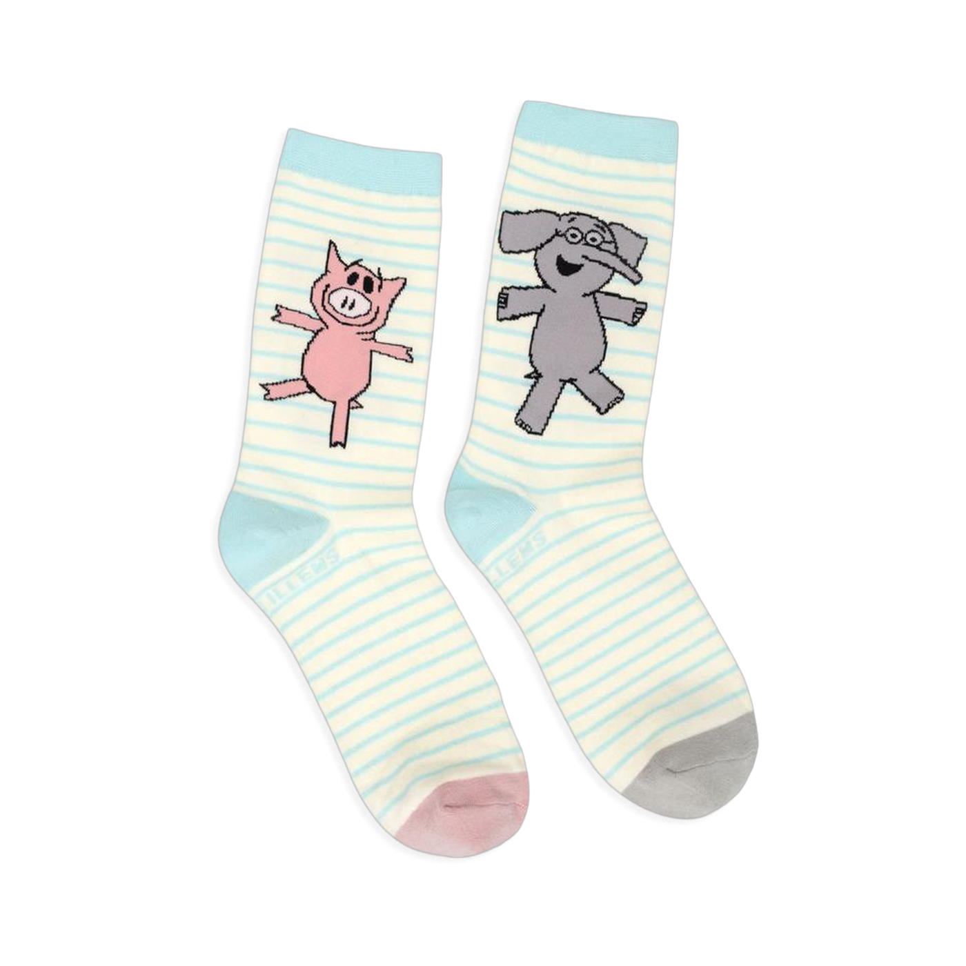 Mismatched striped crew socks. One features a pink Piggie with a pink toe, the other a grey Elephant with a grey toe.