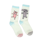 Mismatched striped crew socks. One features a pink Piggie with a pink toe, the other a grey Elephant with a grey toe.