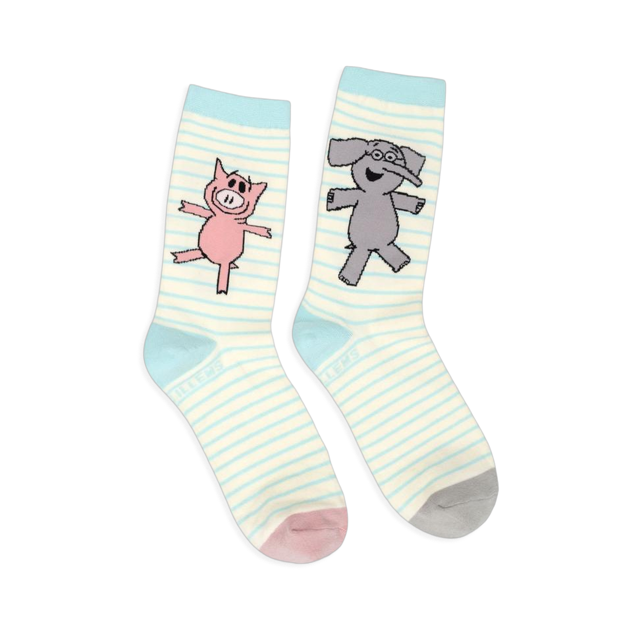 Mismatched striped crew socks. One features a pink Piggie with a pink toe, the other a grey Elephant with a grey toe.