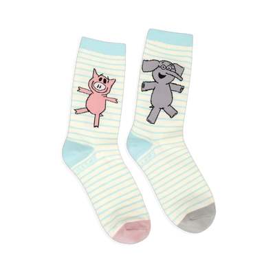 Mismatched striped crew socks. One features a pink Piggie with a pink toe, the other a grey Elephant with a grey toe.