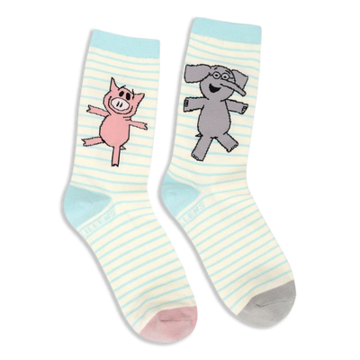 Mismatched striped crew socks. One features a pink Piggie with a pink toe, the other a grey Elephant with a grey toe.