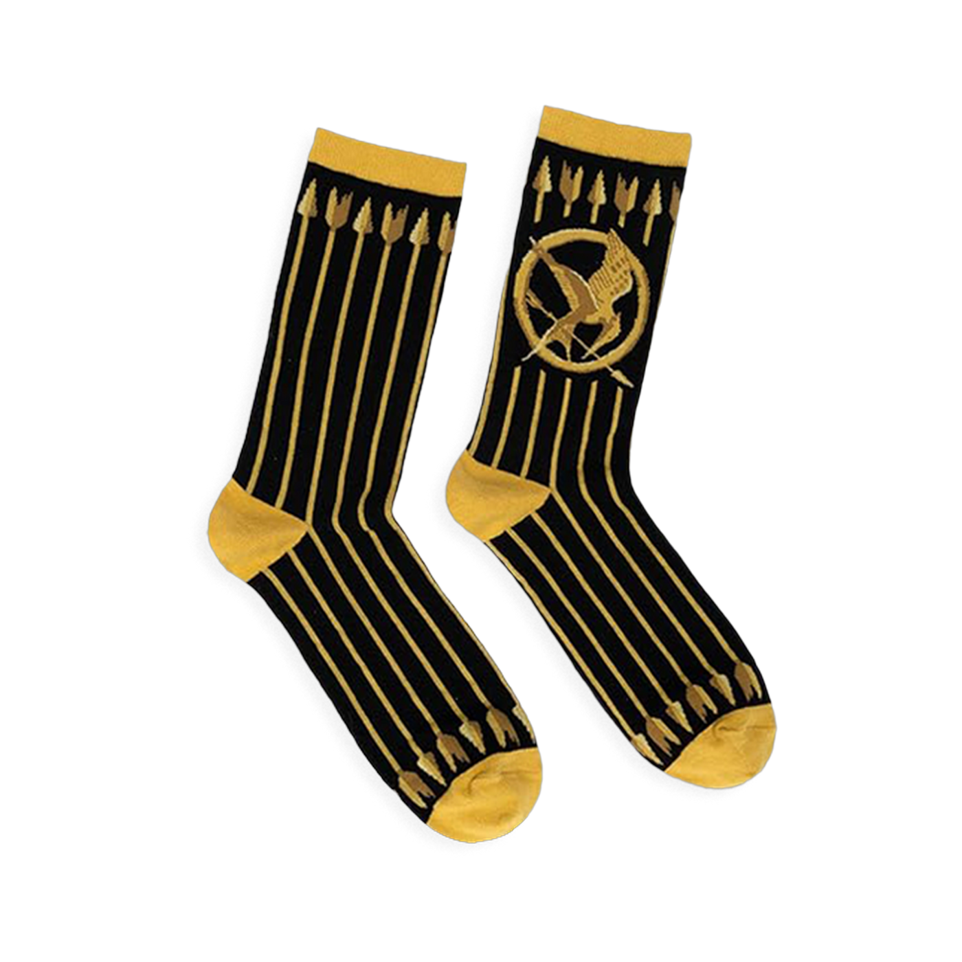 Black crew socks featuring vertical gold arrows, a gold Mockingjay symbol, and contrasting gold cuffs and toe blocks.
