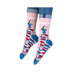 Close-up of the pink sock cuff showing bold white MATILDA text and the illustration of the girl.