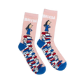 Pink crew socks with blue heels and toes, featuring Matilda standing on a giant tower of colorful books.