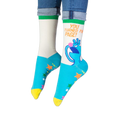 View of the cream and blue crew socks highlighting the bright green ribbed cuff at the top.