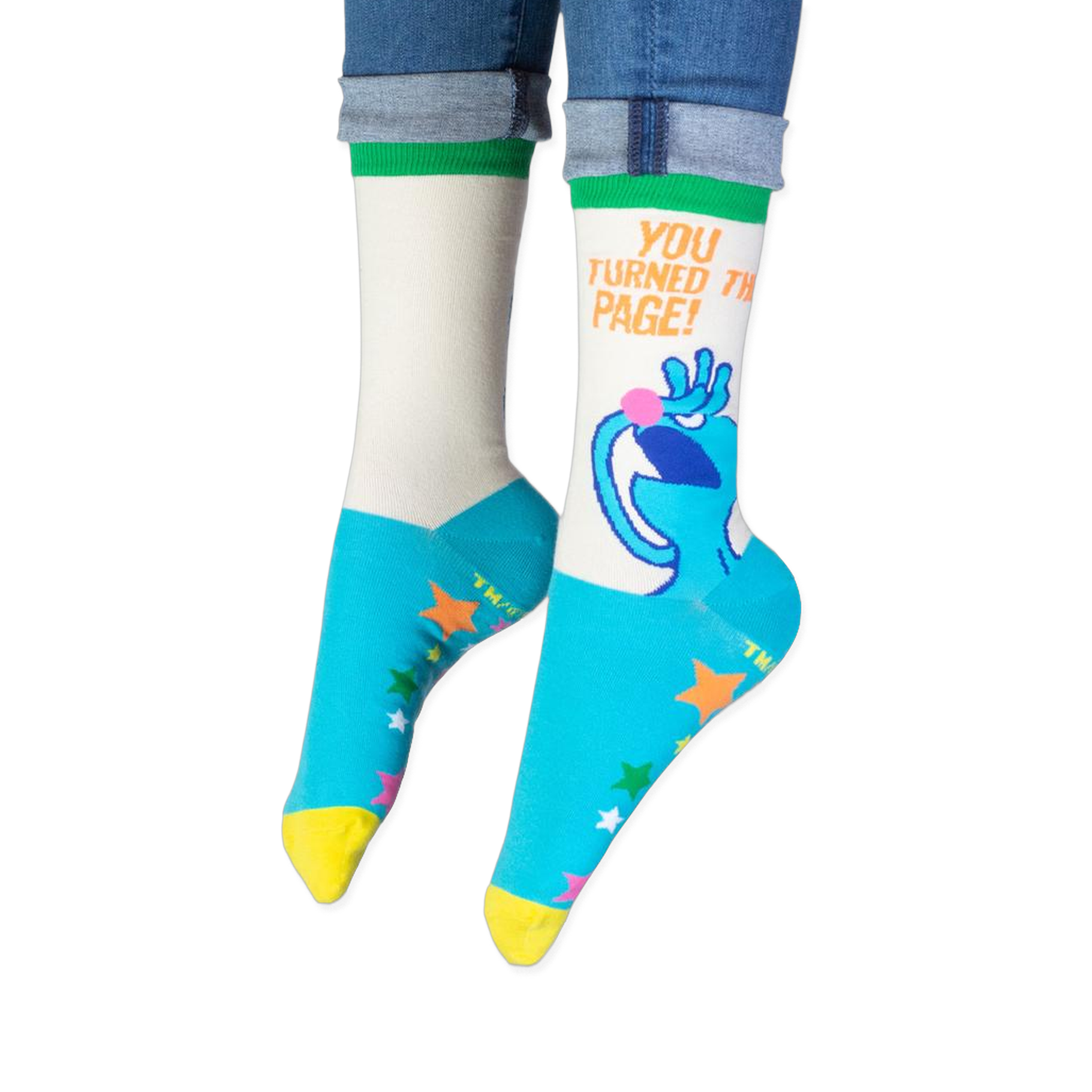 View of the cream and blue crew socks highlighting the bright green ribbed cuff at the top.