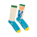 Flat lay of crew socks with a cream shaft, green cuff, blue foot, yellow toe, colorful stars, and panicked Grover graphic.