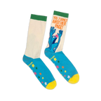 Flat lay of crew socks with a cream shaft, green cuff, blue foot, yellow toe, colorful stars, and panicked Grover graphic.