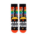 Close view of the floating heart pattern on the foot, showing small hearts knit in purple, grey, orange, and green.