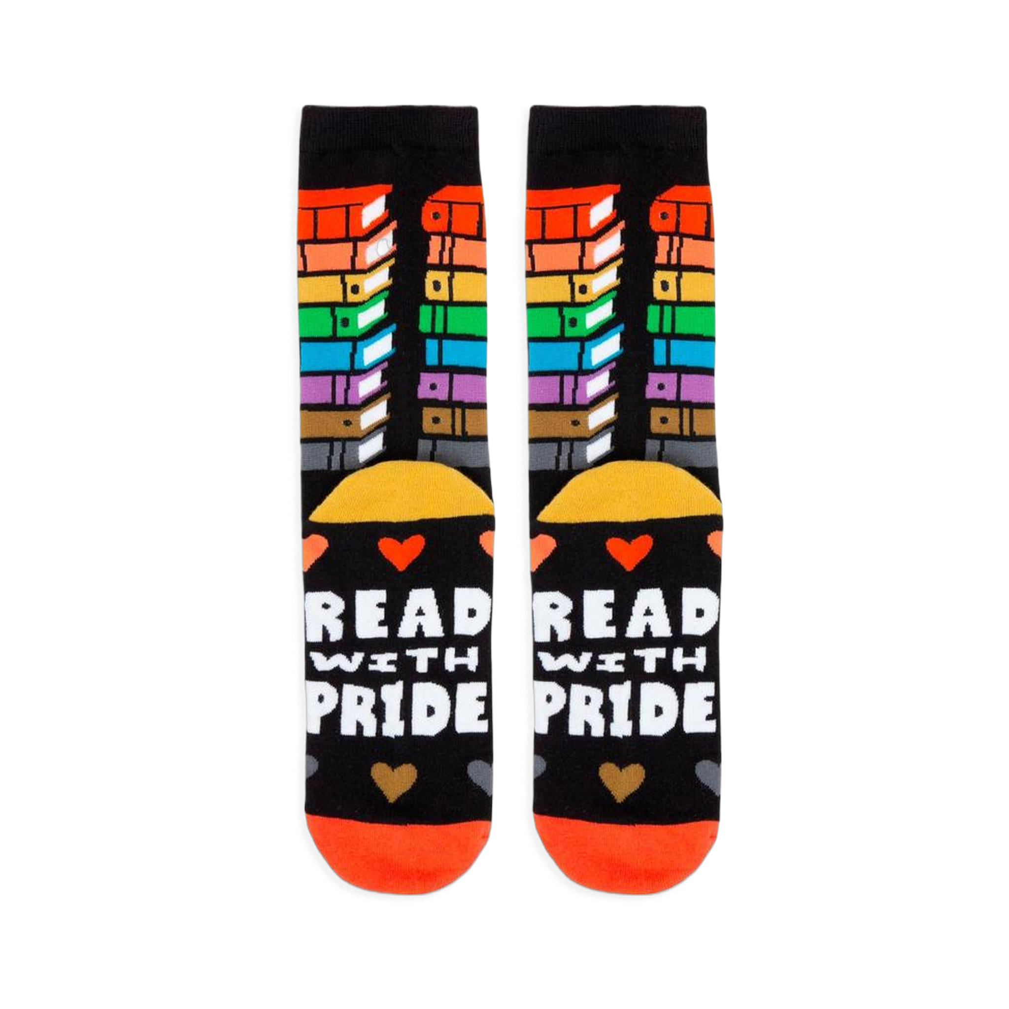 Close view of the floating heart pattern on the foot, showing small hearts knit in purple, grey, orange, and green.