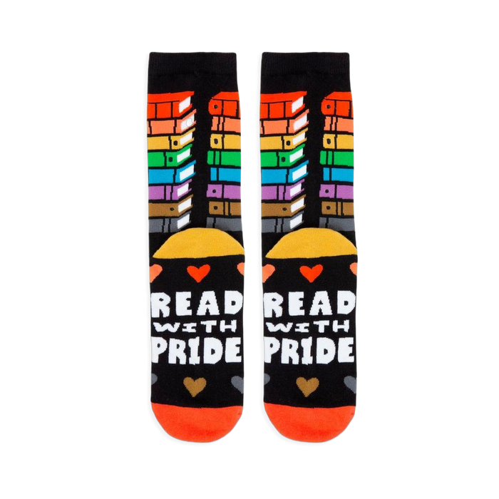 Close view of the floating heart pattern on the foot, showing small hearts knit in purple, grey, orange, and green.