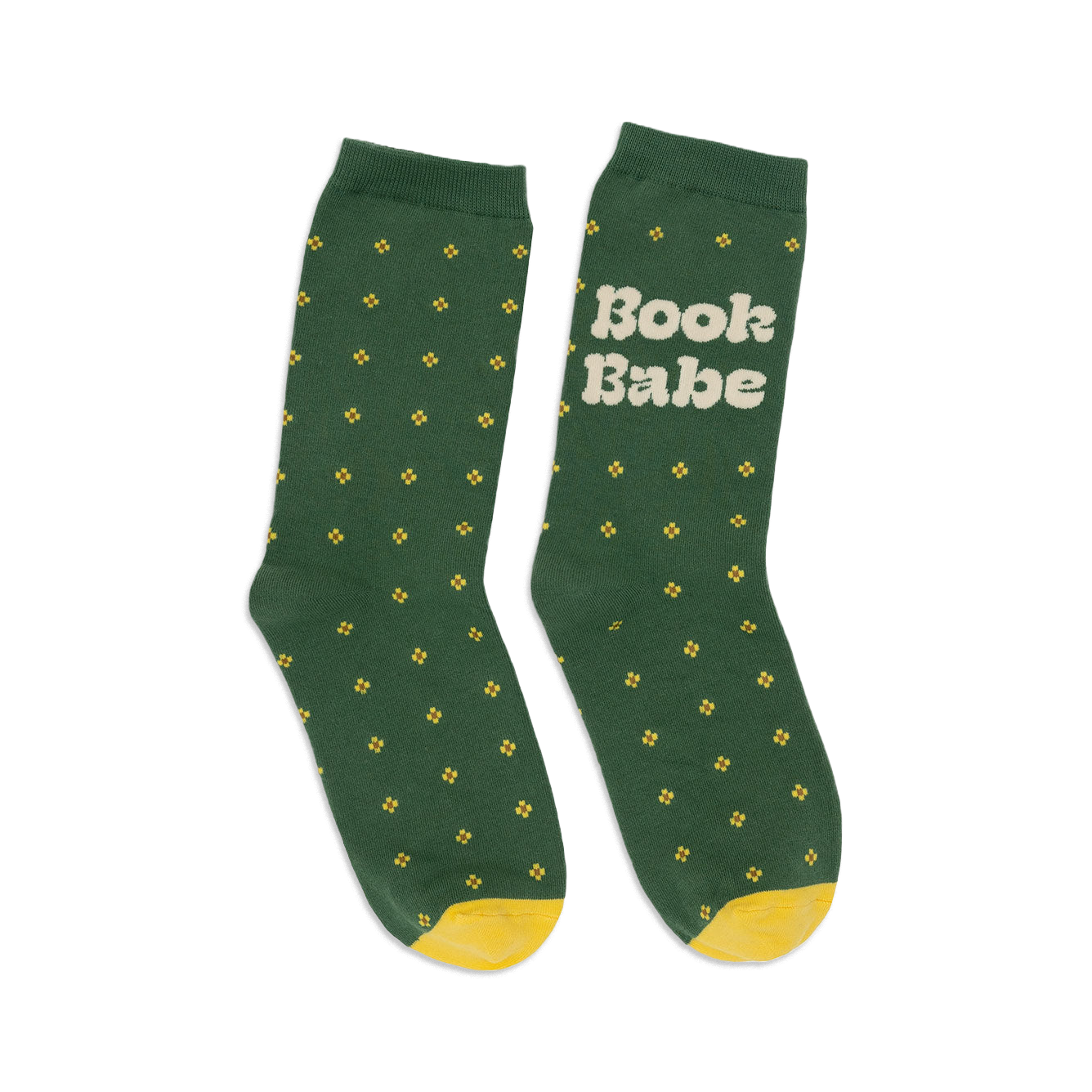 Pair of women's crew socks in forest green with small yellow flower pattern and 'Book Babe' text on one sock. Yellow heel and toe.