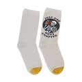 Pair of off-white crew socks with a mustard yellow heel and toe. A circular design shows a skeleton reading a book with the text 'Just One More Chapter'.