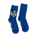 Pair of Dog Man crew socks. Blue background with white stars and illustrations of Dog Man and Petey. 