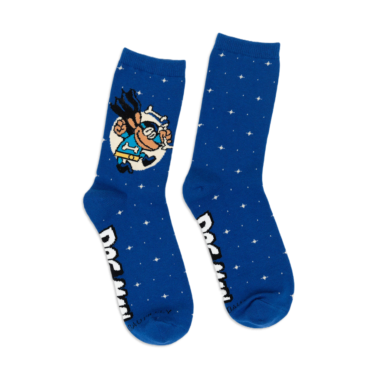 Pair of Dog Man crew socks. Blue background with white stars and illustrations of Dog Man and Petey. 