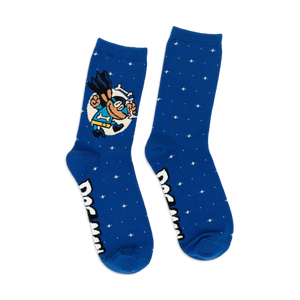 Pair of Dog Man crew socks. Blue background with white stars and illustrations of Dog Man and Petey. 