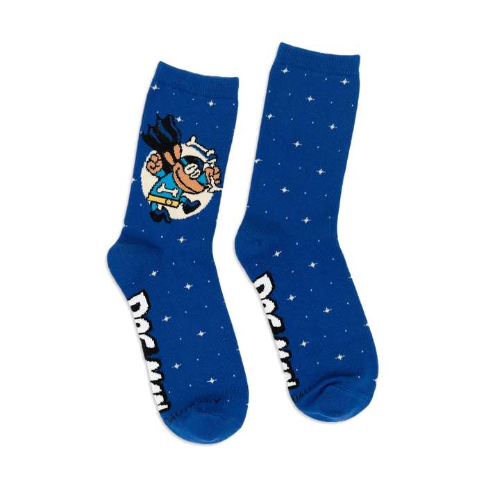 Pair of Dog Man crew socks. Blue background with white stars and illustrations of Dog Man and Petey. 