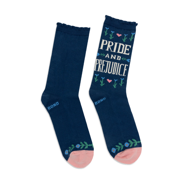 Pair of navy blue crew socks with a pink cuff, featuring a 'Pride and Prejudice' design with small floral accents.