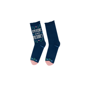 Product photo showcasing a pair of 'Pride and Prejudice' socks on a white background.