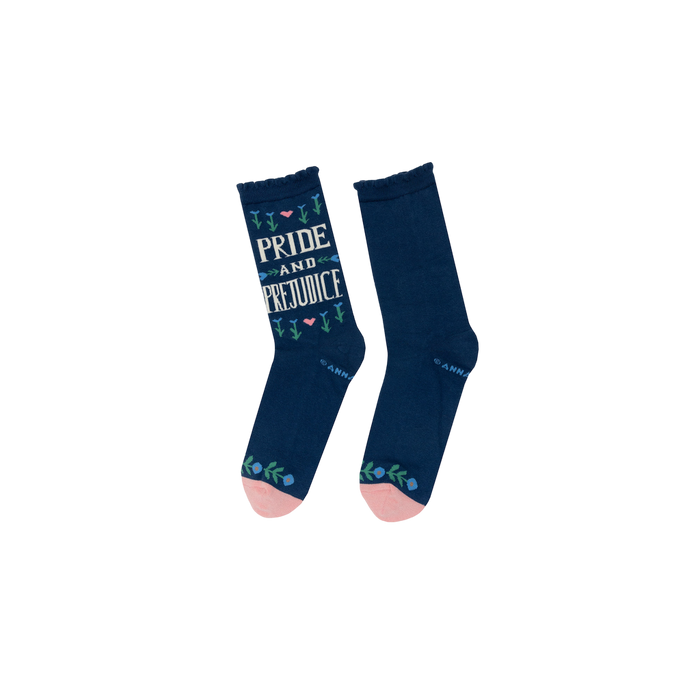 Product photo showcasing a pair of 'Pride and Prejudice' socks on a white background.