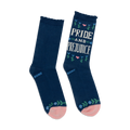 Close-up detail shot of the 'Pride and Prejudice' socks, highlighting the floral design and text.