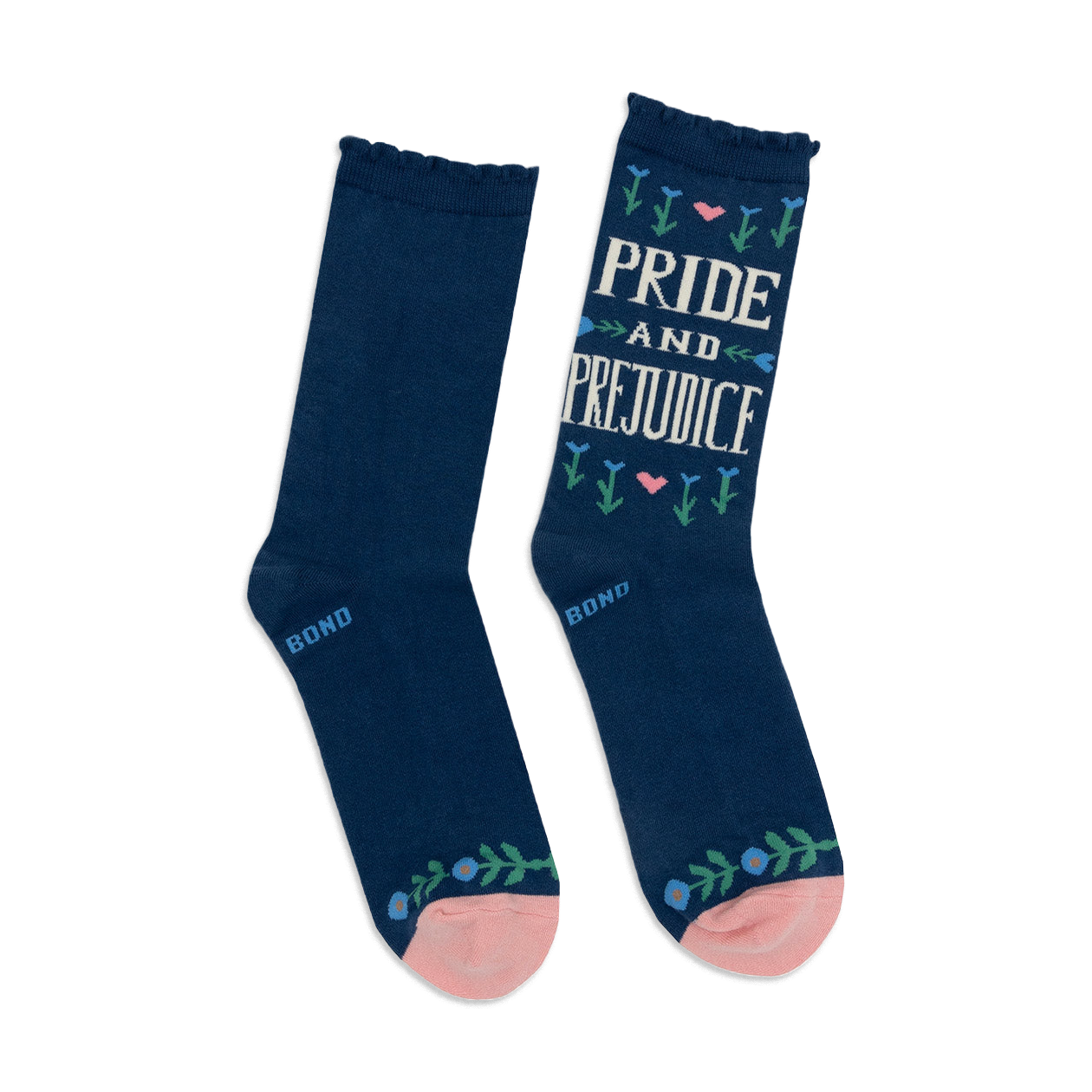 Close-up detail shot of the 'Pride and Prejudice' socks, highlighting the floral design and text.