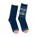 Close-up detail shot of the 'Pride and Prejudice' socks, highlighting the floral design and text.
