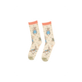 Pair of Peter Rabbit crew socks, light beige with peach ruffled cuffs and olive green toes, laid flat on a white background.